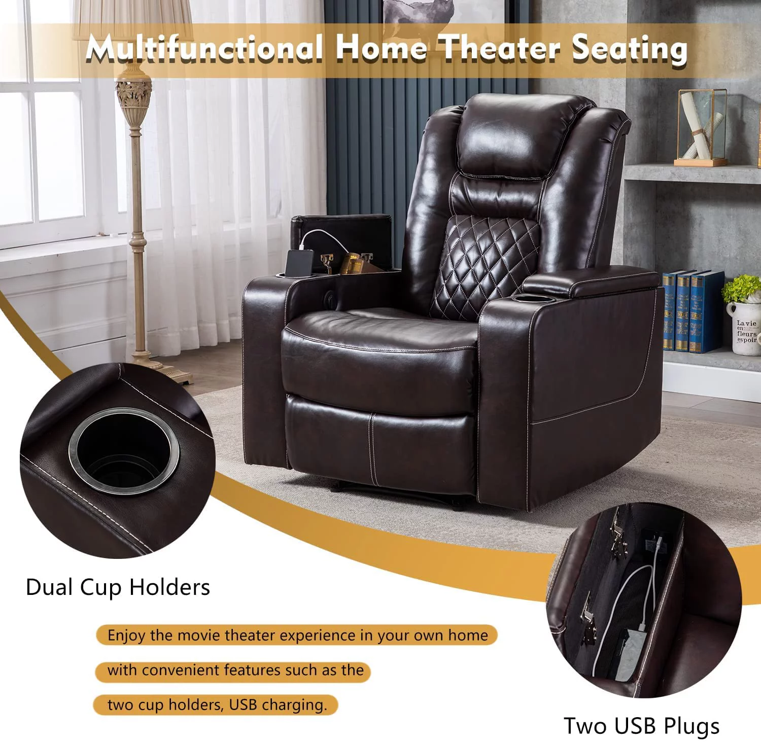 Ebello Power Recliner Chair, Leather Home Theater Seating, Living Room Chair Brown