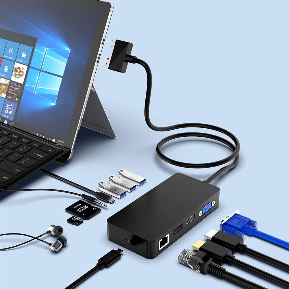 Surface Pro Dock Station Dual Monitor Compatible with Surface Pro 6/5/4, Surface Docking Station with DP, HDMI, VGA, 3 USB, RJ45, USB C, SD TF Slot