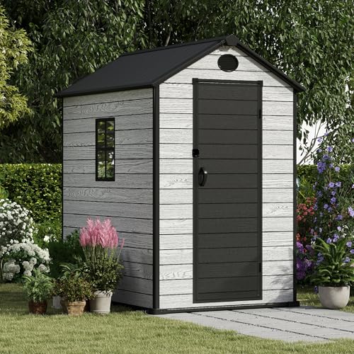 4.4x6 FT Resin Outdoor Storage Shed, 230 Cuft Garden Tool Sheds & Outdoor Storage Plastic Shed with Floor
