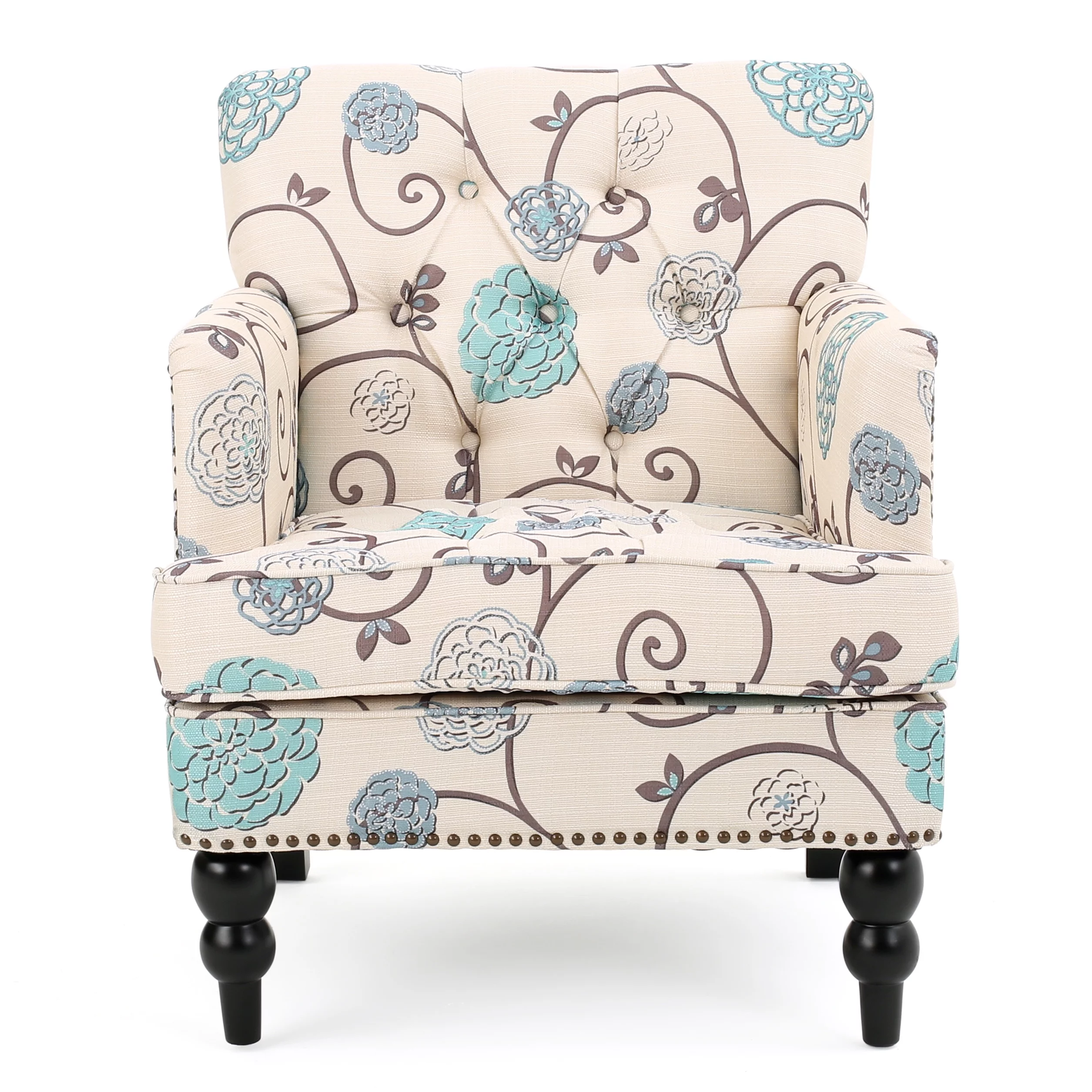 GDF Studio Aurelia Contemporary Tufted Club Chair, Blue and Light Beige Floral Fabric and Dark Brown