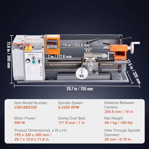 VEVOR Metal Lathe Machine, 7'' x 13.78'', Precision Benchtop Power Metal Lathe, 0-2200 RPM Continuously Variable Speed, 500W Brush Motor Metal Gears