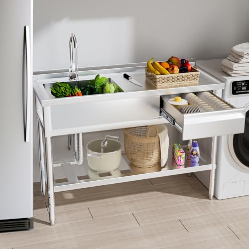 47" 304 Stainless Steel Utility Sink, Free-Standing Commercial Sink with Workbench, Drawer Storage & Hot/Cold Water Pipes for Laundry
