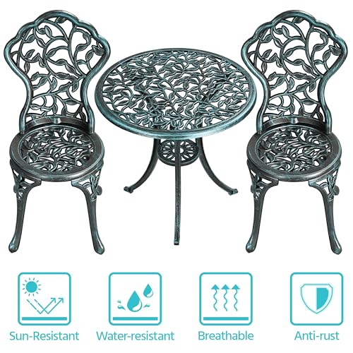 Yaheetech 3-Piece Outdoor Bistro Set w/Leaf Design, Rust-Resistant Cast Aluminum Table and Chairs for Balcony Backyard Garden