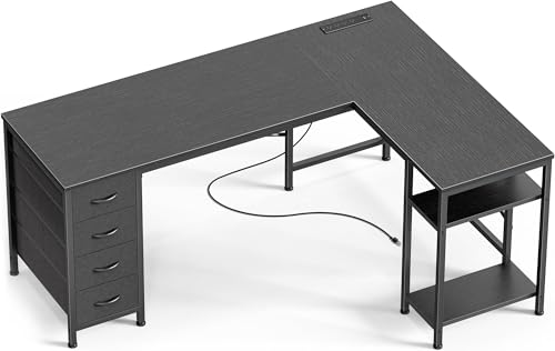 Huuger 63 Inch L Shaped Desk with Fabric Drawers, Reversible Computer Gaming Desk with Power Outlets and USB-C Port, Adjustable Side Storage Shelves