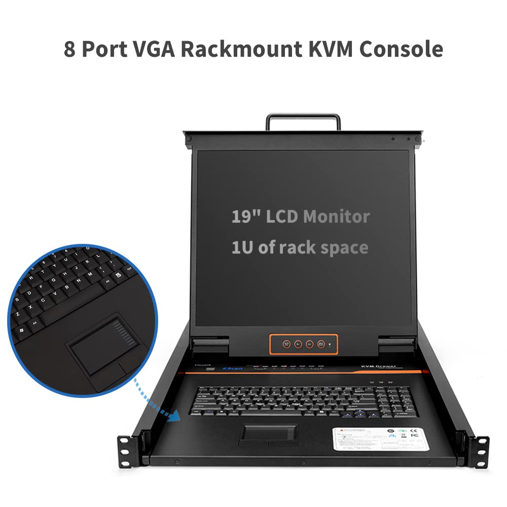 8-Port Rack Mount KVM Console with 19" LCD Monitor,Keyboard and Touchpad,VGA KVM Drawer w/Cables&Hardware