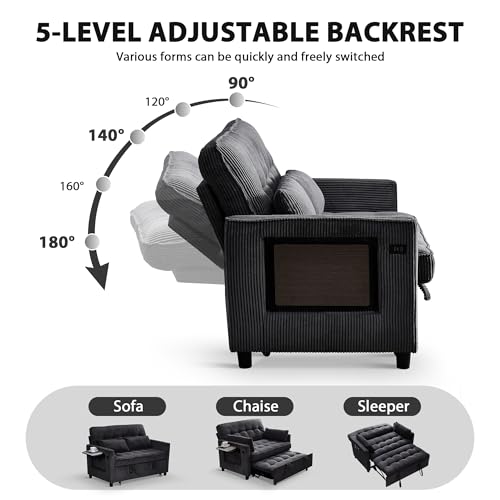 Sleeper Sofa Bed, 52‘’ Convertible Pull Out Couch with Small Table| USB Port | Side Pockets | Corduroy Fabric | Adjustable Backrest for Apartment