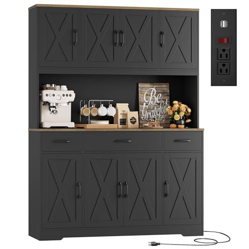HOSTACK 71" Tall Kitchen Pantry Storage Cabinet with Charging Station, 55" Wide Kitchen Hutch Cabinet with Large Countertop