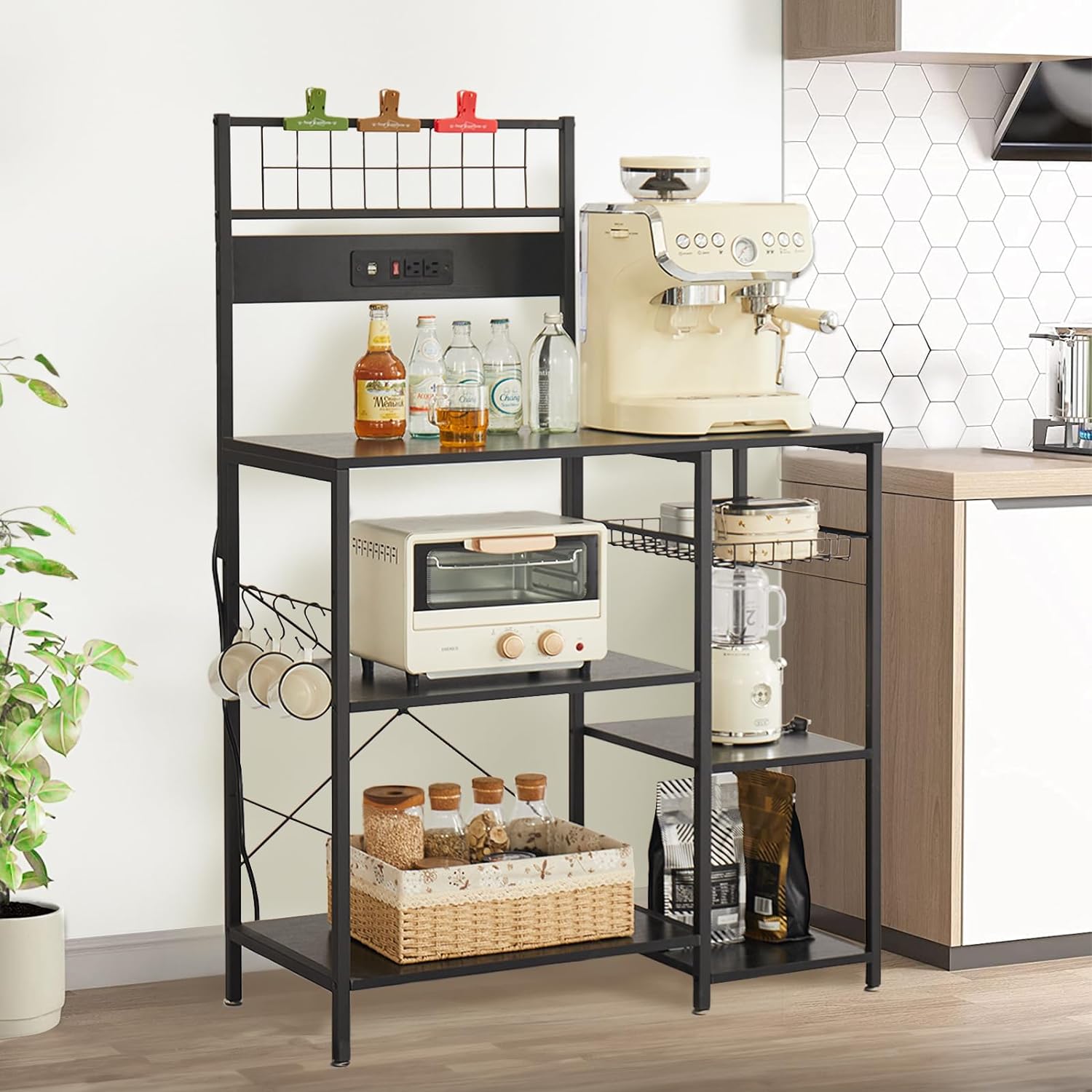 FJU Kitchen Bakers Rack with Power Outlet, Microwave Stand, Kitchen Storage Rack with Wire Basket, 6 Hooks, Kitchen Shelves for Spices, Pots
