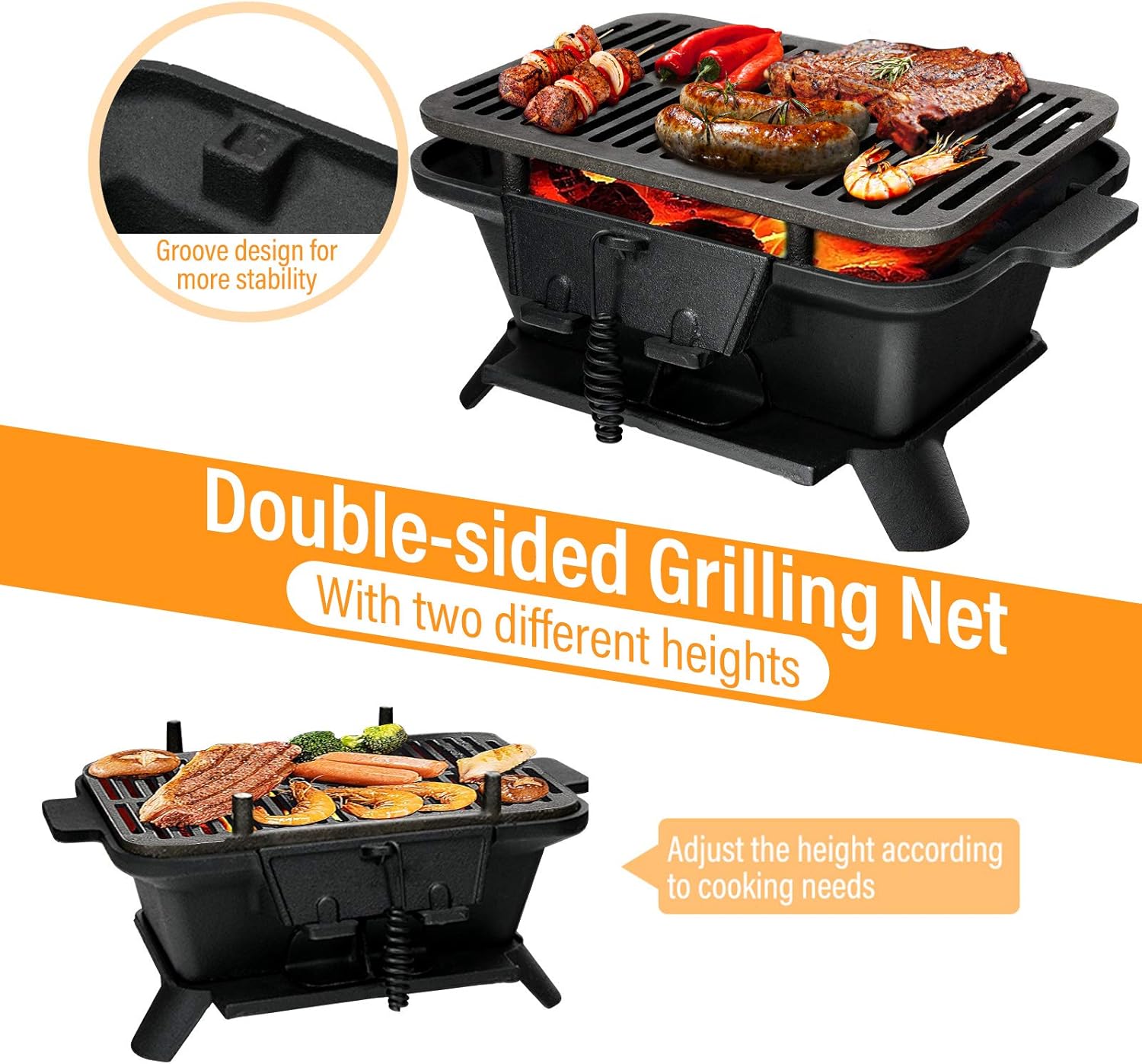 Giantex Charcoal Grill Hibachi Grill, Portable Cast Iron Grill with Double-sided Grilling Net, Air Regulating Door, Fire Gate
