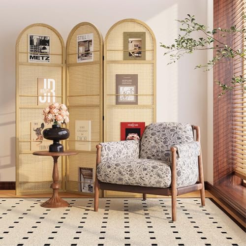 Room Divider and Folding Privacy Screens, Pine Wood 5.6 Ft Double Hinged Rattan Partition Freestanding Wall Room Divider for Home - 3 Panels