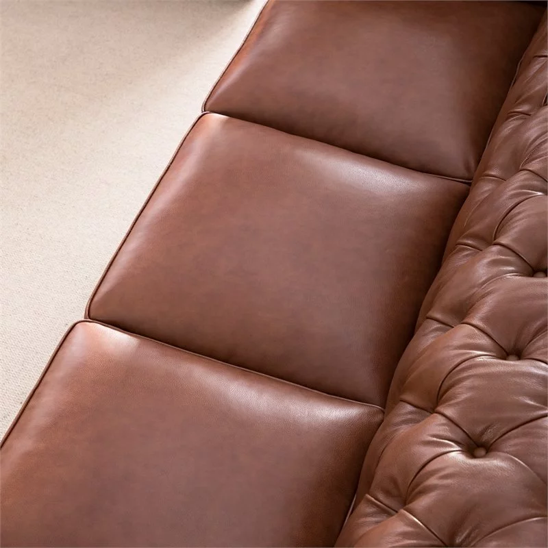 Bowery Hill 20" Traditional Leather Tufted Back Chesterfield Sofa in Chestnut