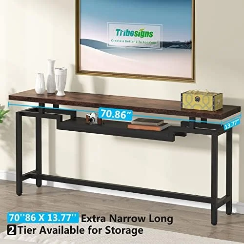 KHBIULIFE 70 inch Sofa Table  Narrow Long Console Table with 2 Tiers  Industiral TV Console Behind Couch Table with  for Entryway  Living Room  Brown
