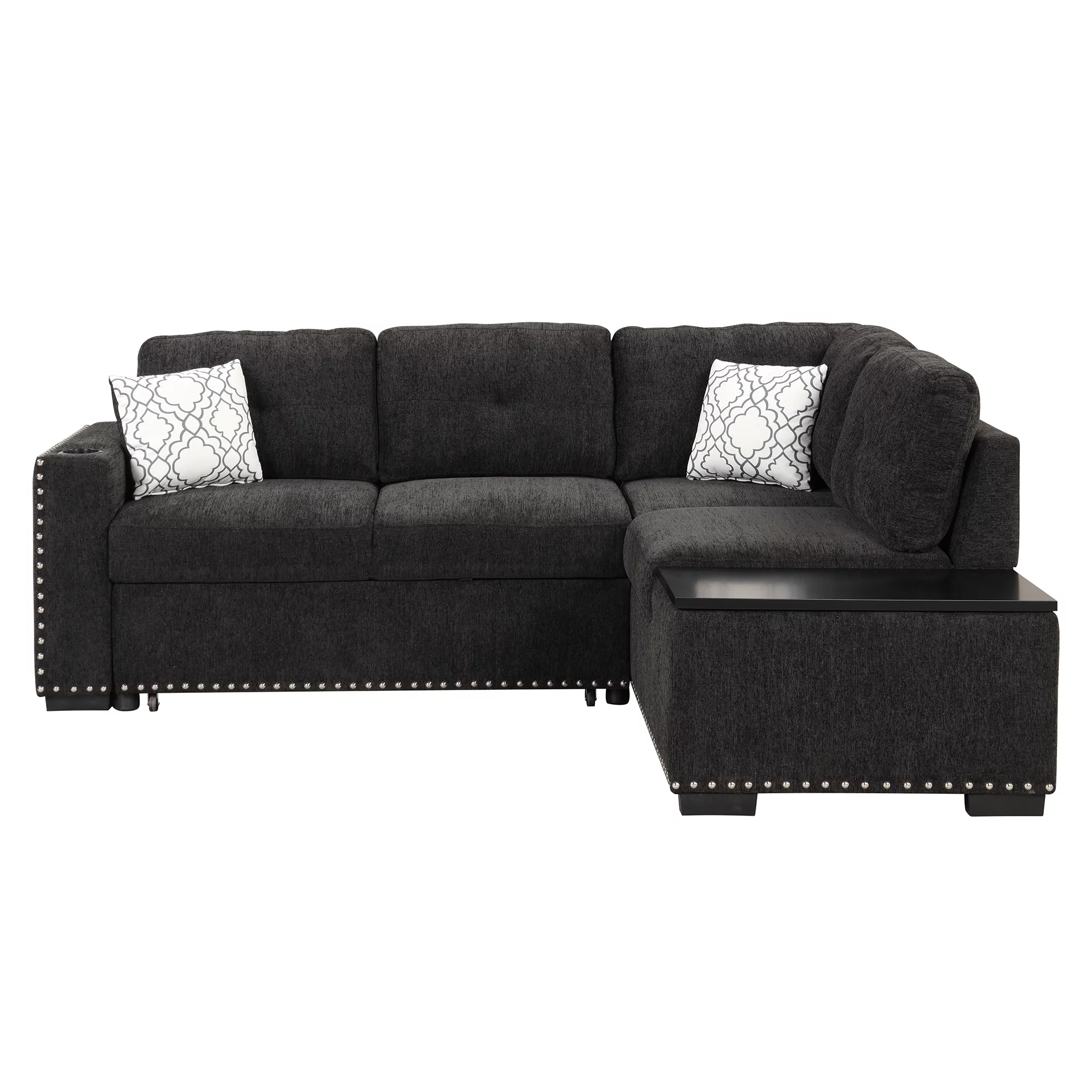 Reversible Sectional Pull-Out Sofa Bed L-Shaped Corner with Storage Chaise, Black