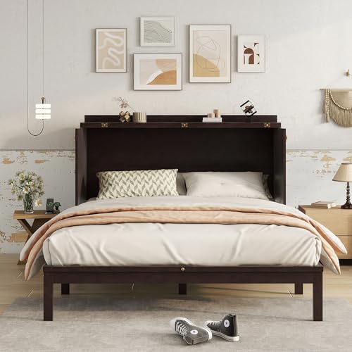 KEIKI Queen Murphy Bed Cabinet with Charging Station & Rattan Design – Space-Saving Wall Bed with Large Storage Drawer