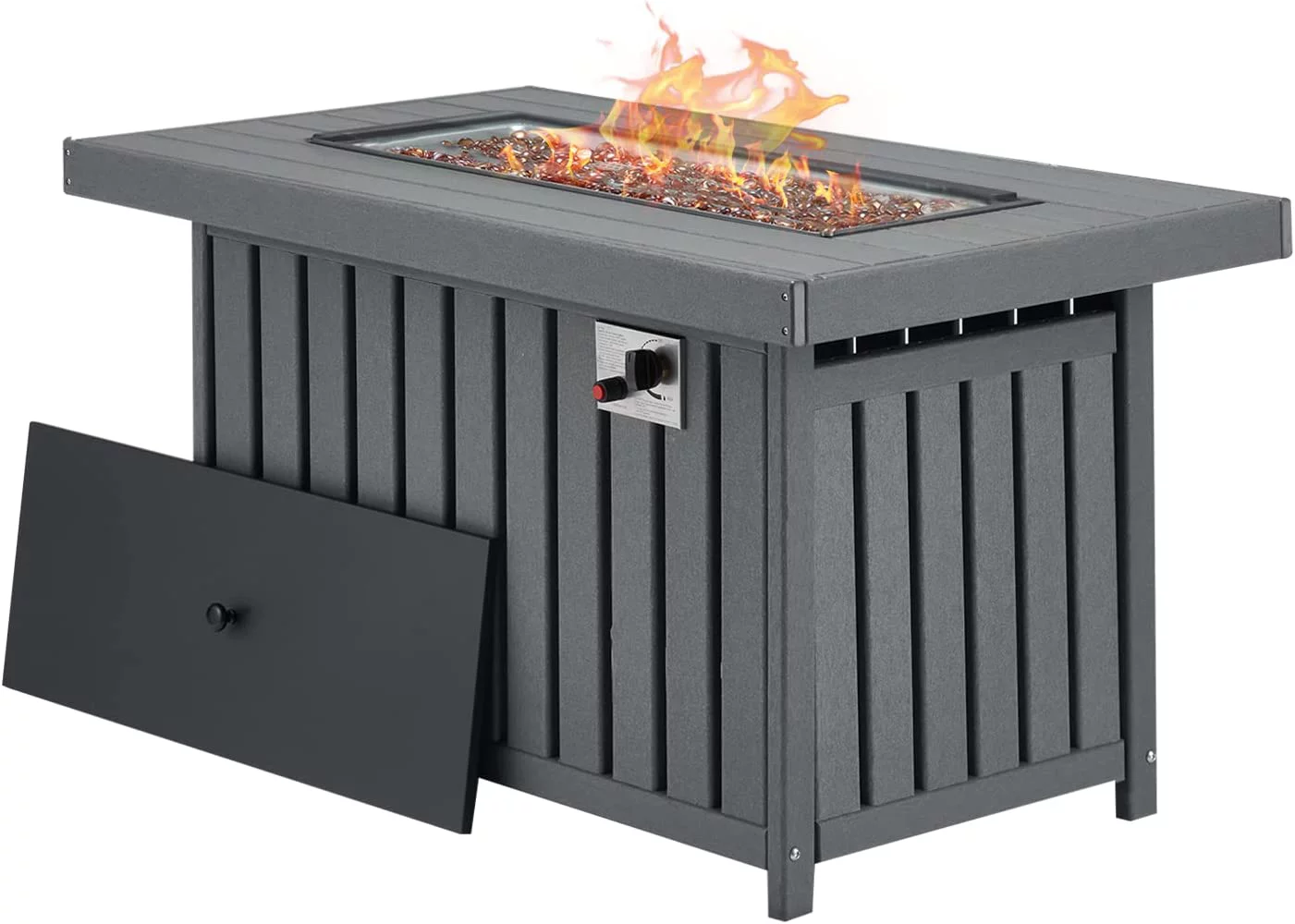 Erommy 43 Inch HDPE Propane Fire Pit Table, 50000 BTU Fire Pits with Lid and Fire Glass, for Deck, Outside Paito, CSA Certification, Gray