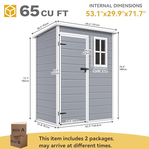 DWVO 5x3ft Resin Outdoor Storage Shed with Floor, Waterproof Lockable Storage Shed with Window, Plastic Outside Tool Storage for Garden, Backyard