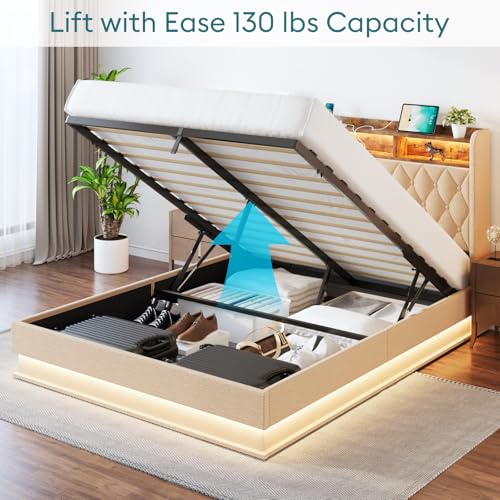 Queen Bed Frame with Storage - Lift Up Queen Size Bed Frame with Headboard, Upholstered Platform Bed with LED Lights & Charging Station