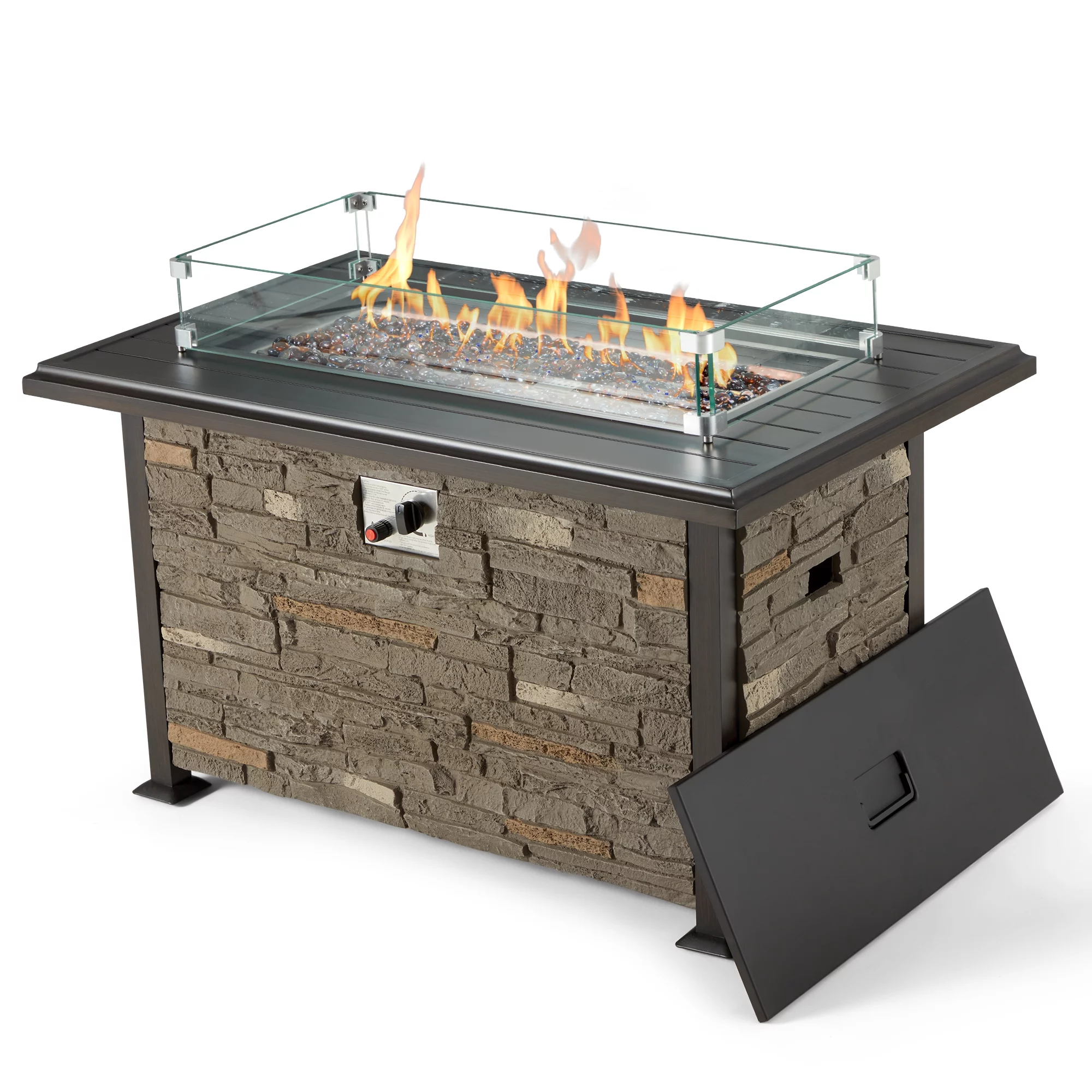 Homrest 44 Inch Aluminum Propane Fire Pit Table w/ Faux Ledgestone, Hand-Painted Table Top, 50,000 BTU Fire Table w/ CSA Certification,Wind Guard