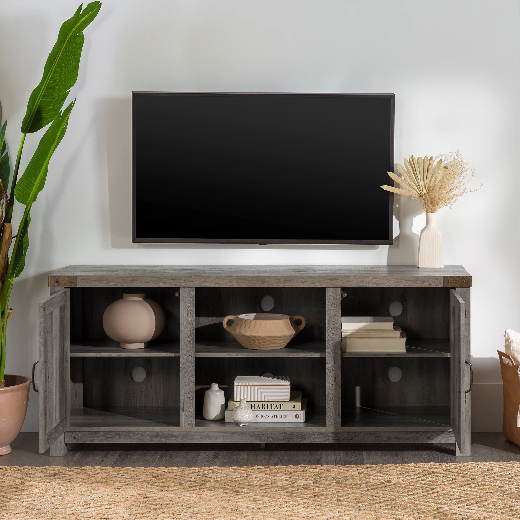 Walker Edison Modern Farmhouse Barn Door TV Stand for TVs up to 65, Grey Wash