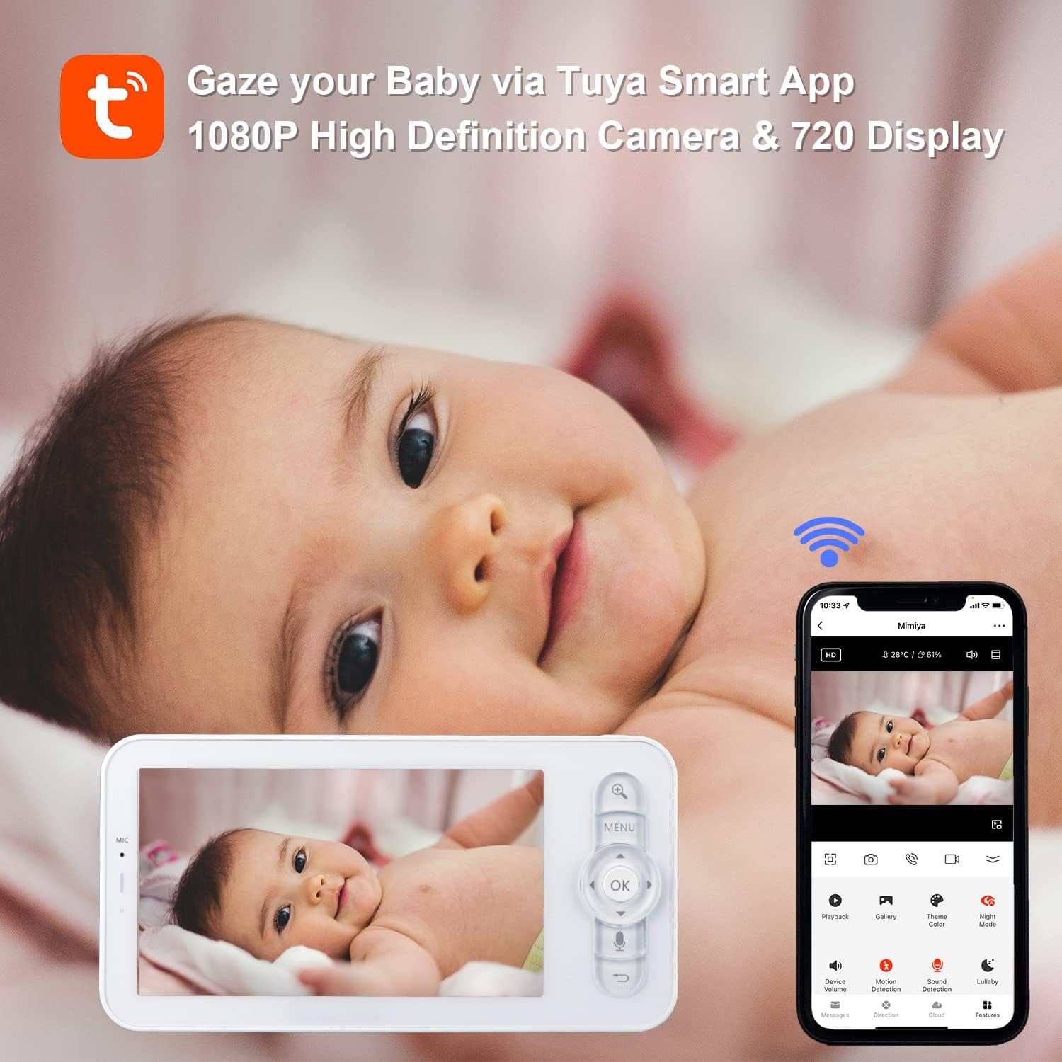JeaTone WiFi Baby Monitor, 5 Wireless Baby Monitors with Camera and Audio, 1080p Camera and 720p Display, 2-Way Audio