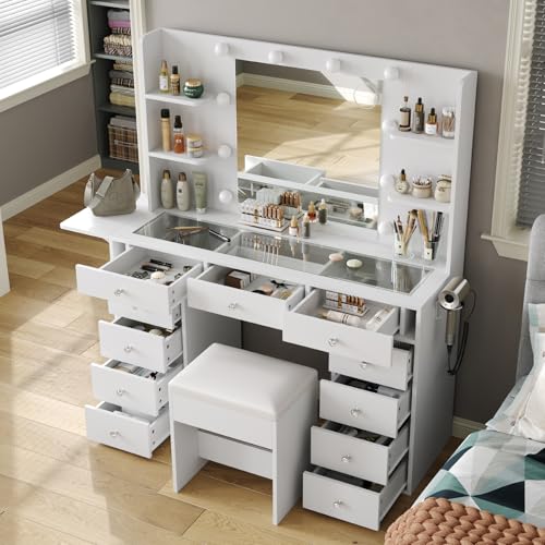 55" W Vanity Desk, Makeup Vanity with Charging Station, 15 Drawers with Lighted Mirror, 3 Lighting Modes, Brightness Adjustable, Glass Top