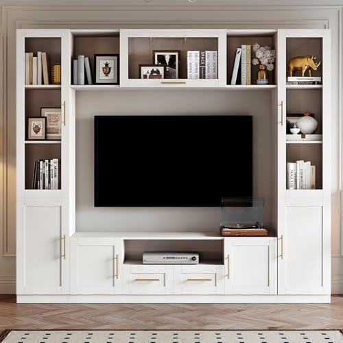 Entertainment Wall Unit, 4-Piece Large TV Stand Wall Unit Entertainment Center with Bookshelves & Storage