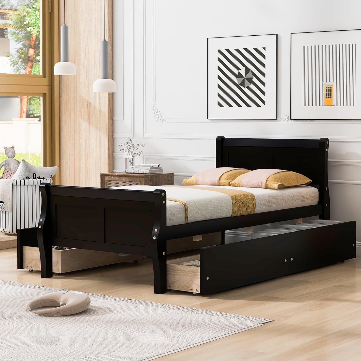 Wood Platform Bed, Size Platform Bed With 4 Storage Drawers, Platform Bed With Head Ad Footboard, Espresso