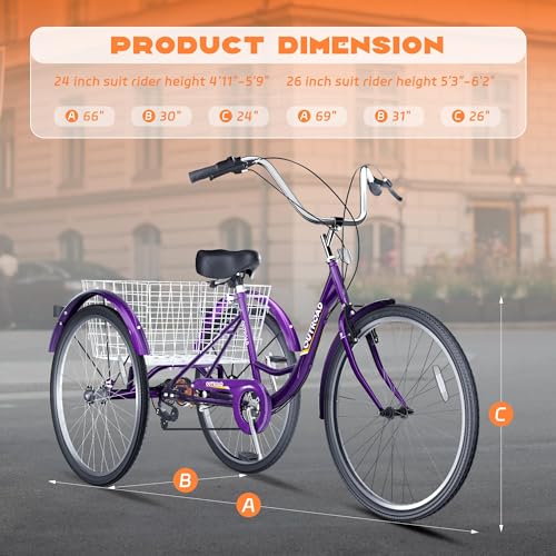 7-Speed Adult Tricycle with Large Basket 24/26 Inch, Stable 3-Wheel Cruise Bicycle for Shopping, Beach and City Trike Perfect for Men, Women
