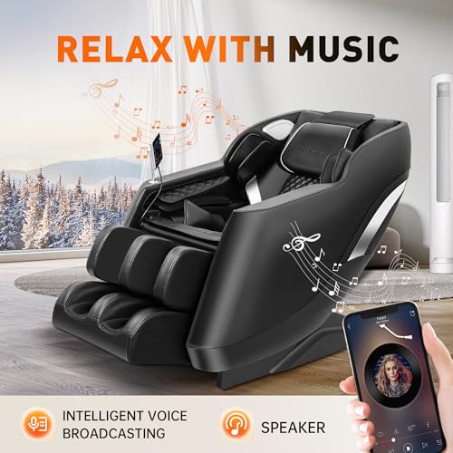 2025 Massage Chair Zero Gravity Full Body Airbags, 8 Fixed Points Massage Rollers with 6 Auto Modes, Bluetooth, Foot Rollers, Heater, Black