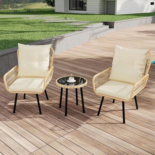 3 Piece Patio Bistro Set, Outdoor Wicker Table and Chairs Set of 2