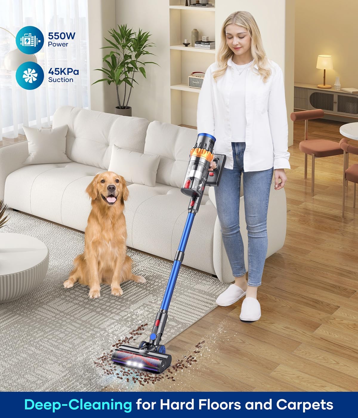 NADALY Cordless Vacuum Cleaner, 550W/45Kpa Stick Vacuum with Touch Screen, MAX 60Mins Runtime Vacuum Cleaner for Home, Anti-Tangle & Auto Mode