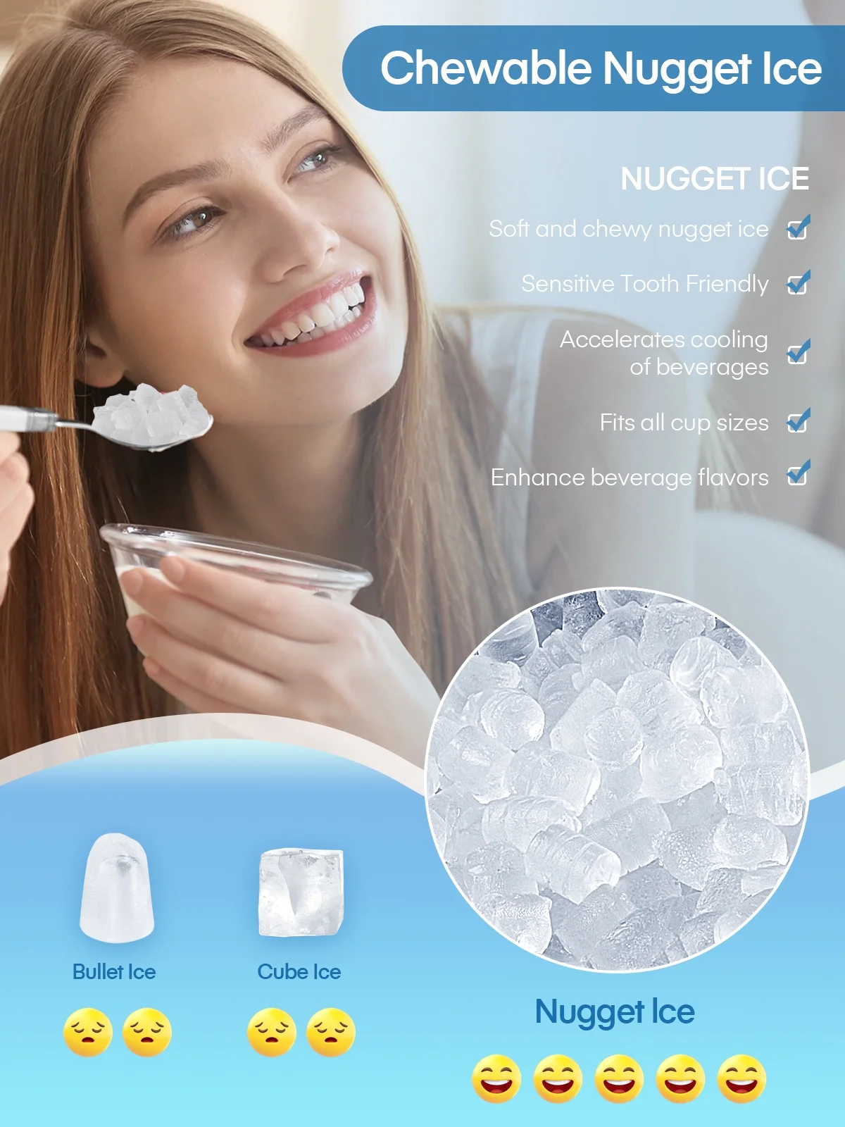FOHERE Nugget Ice Maker Countertop, 38 Lbs In 24Hrs, Chewable Pellet Ice Cubes, Self-Cleaning Ice Machine, Stainless Steel Housing