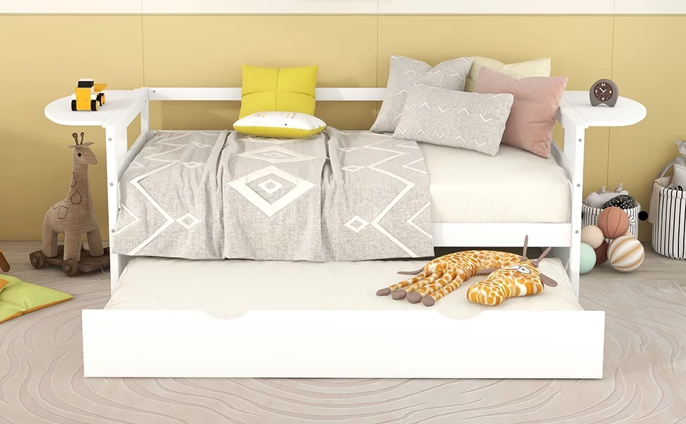 Euroco Pine Wood Twin Size Daybed with Trundle and Foldable Tables, White