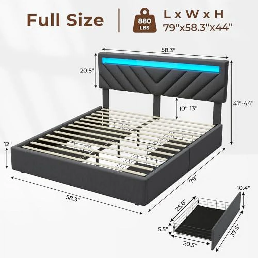 TJCGDTY Queen Bed Frame with Drawers  LED Bed Frame with 2 USB Charging Station  Upholstered Platform Bed with  &amp