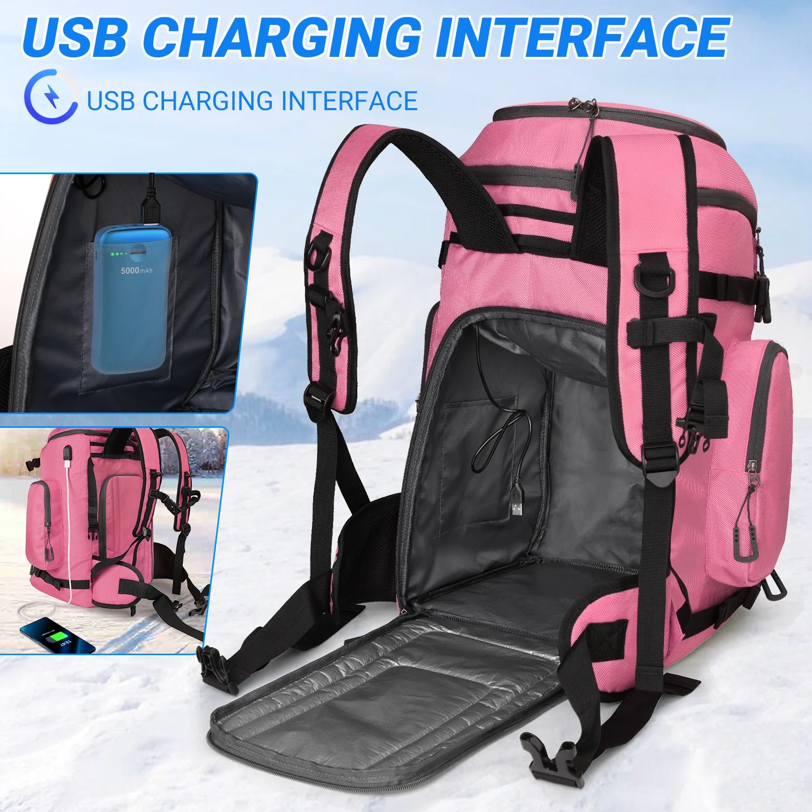 Ski and Snowboard Boot Bag Backpack - 60 L - Waterproof Winter Sport Pack for Travel Pink