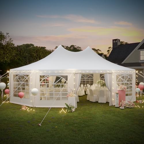 EROMMY 26x19ft Party Tent, White Wedding Tent, Decagonal Heavy Duty Canopy with 8 Removable Sidewalls, 8 Church Windows and 2 Pull-Back Doors