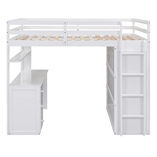 Harper & Bright Designs Full Size Loft Bed with Desk and Wardrobe, Solid Wood Loft Bed Frame with Storage Drawers, for Kids Teens Adults (Full, White)