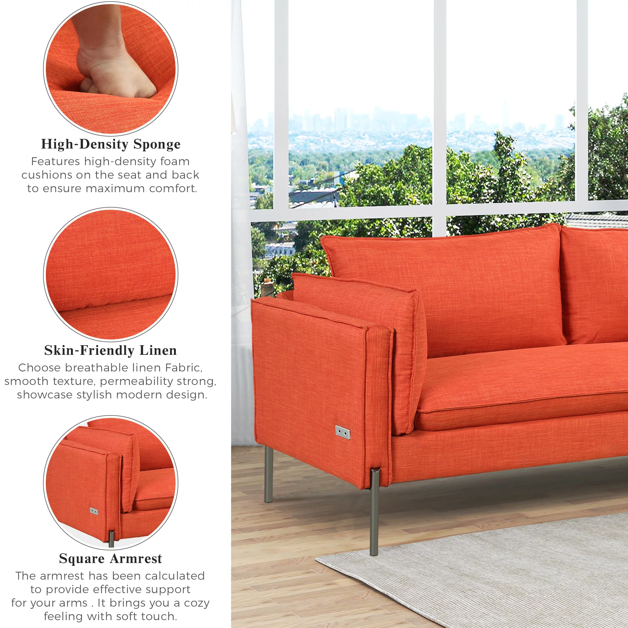 Anself Modern Style 3 Seat Sofa Linen Fabric Upholstered Couch Furniture 3-Seats Couch for Different Spaces,Living Room,Apartment