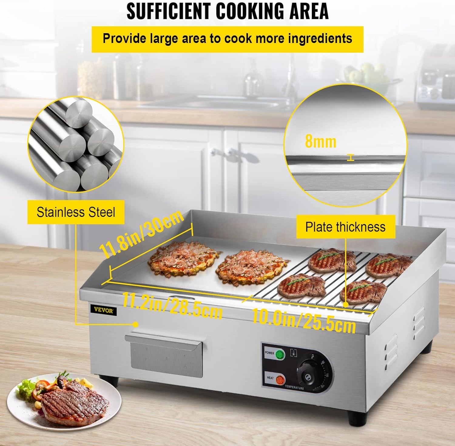 VEVOR 22" Commercial Electric Griddle, 1600W Electric Flat Top Grill, Half Grooved Teppanyaki Grill