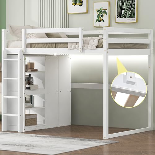 Harper & Bright Designs Full Size Loft Bed with Desk, Storage Shelves and Drawers, Solid Wood Loft Bed Frame with Built-in Wardrobe, Walnut