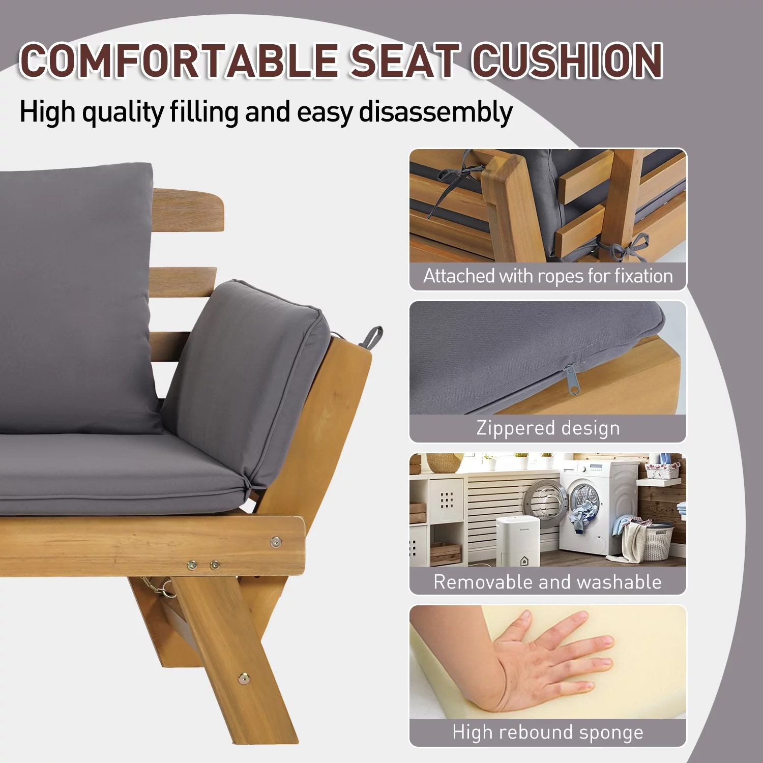 FDW Outdoor Couch Patio Couch Daybed with Adjustable Armrest, Wooden Loveseat with Cushion and Pillow, and Expandable Plate （Gray）
