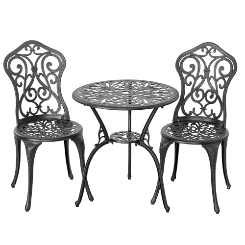 NUU GARDEN 3 Piece Bistro Set Outdoor, All Weather Cast Aluminum Patio Bistro Sets Patio Table and Chairs Set of 2 with Umbrella Hole for Yard