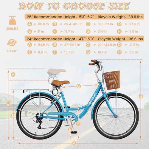 MOONCOOL Womens Bike 7 Speed, 24 26 inch Beach Cruiser Bikes for Women, Step Through Adult Bicycle with Front Basket for City Commuting