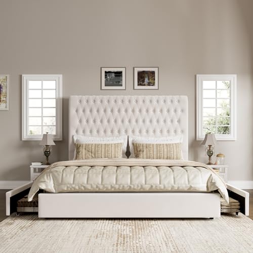 King Size Bed Frame 54" Tall Headboard with Gorgeous Button Tufted and Nail, Velvet Fabric Upholstered Bed Frame includes 4 Under-bed Storage Drawers