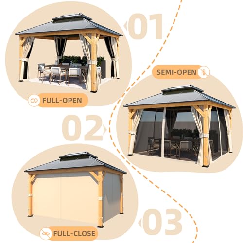 YOLENY 10'x13' Hardtop Gazebo, Outdoor Polycarbonate Double Roof Canopy, Aluminum Frame Permanent Pavilion with Curtains and Netting