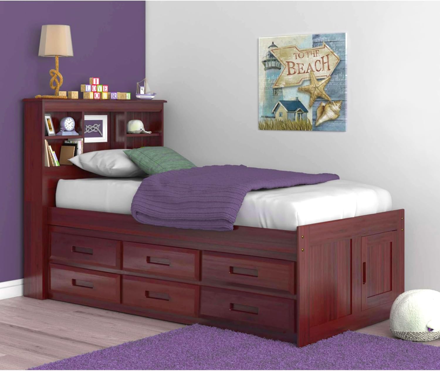 Rustic Revival Solid Pine Twin Captains Bookcase Bed with 6 Drawers