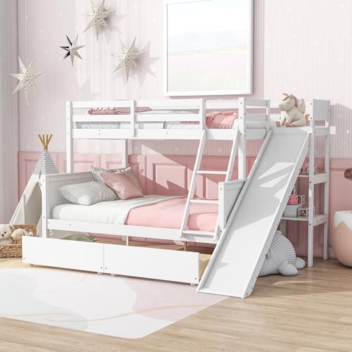 Bunk Beds Twin Over Full Size, Pine Solid Wooden Bunk Bed with Slide, Storage Staircase, Safety Guardrails for Kids, White