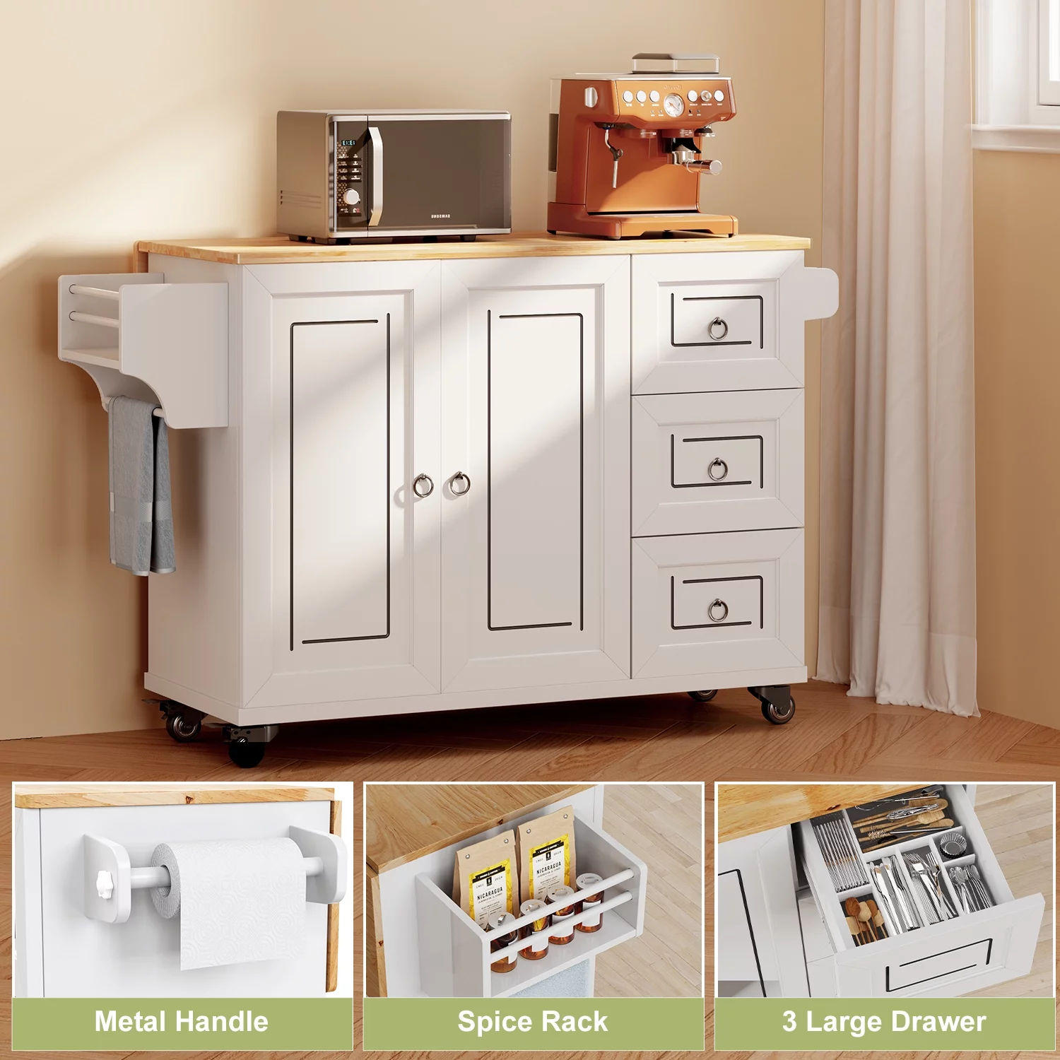 Lofka 42" Kitchen Island with Storage, Kitchen Island on Wheel with Wood Drop Leaf Tabletop,White
