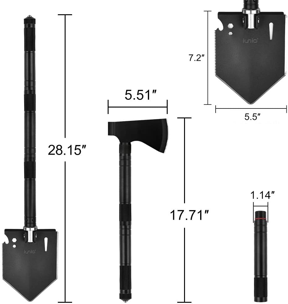 iunio Folding Shovel and Camping Axe Tool Kit, with Carrying Bag, Multitool Spade, Survival Hatchet for Camping, Hiking, Backpacking, Entrenching