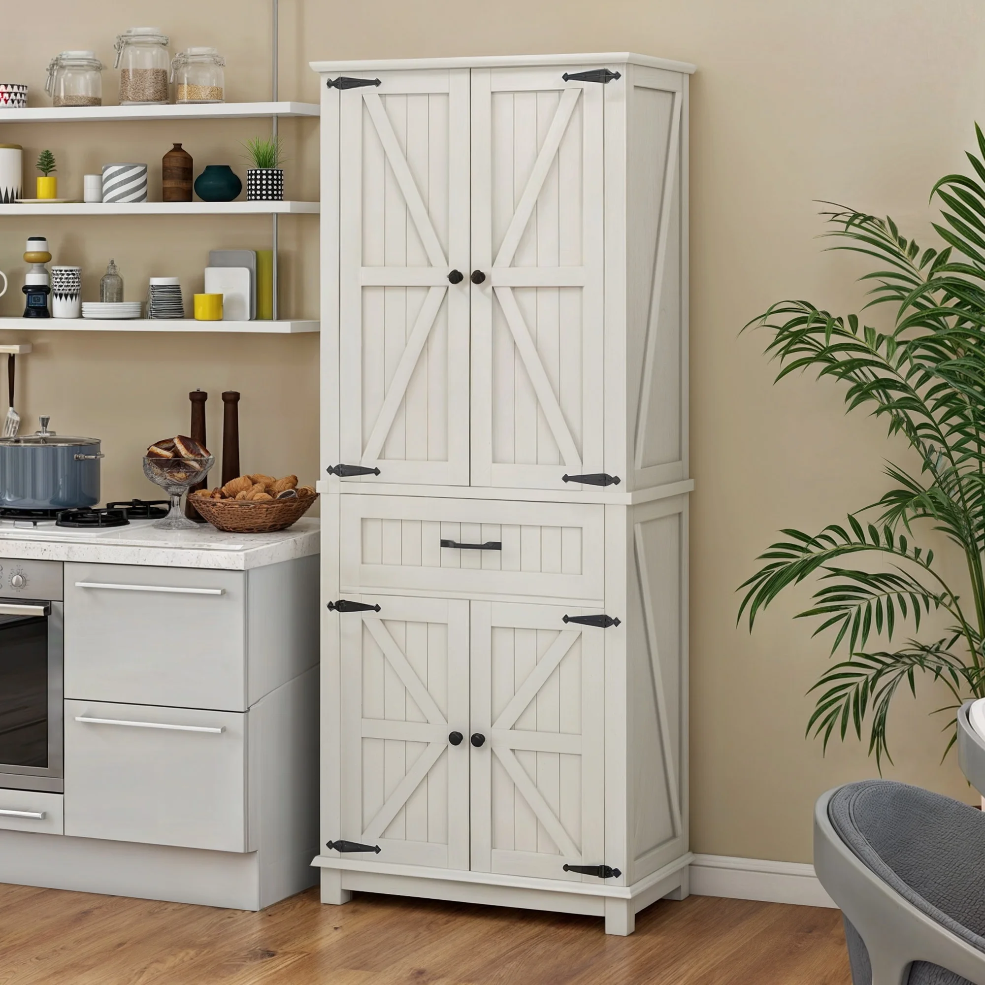 DWVO 72" Pantry Cabinet with Doors and Adjustable Shelves, Kitchen Storage Cabinet with Drawer, Oak White - Curated Treasures Market